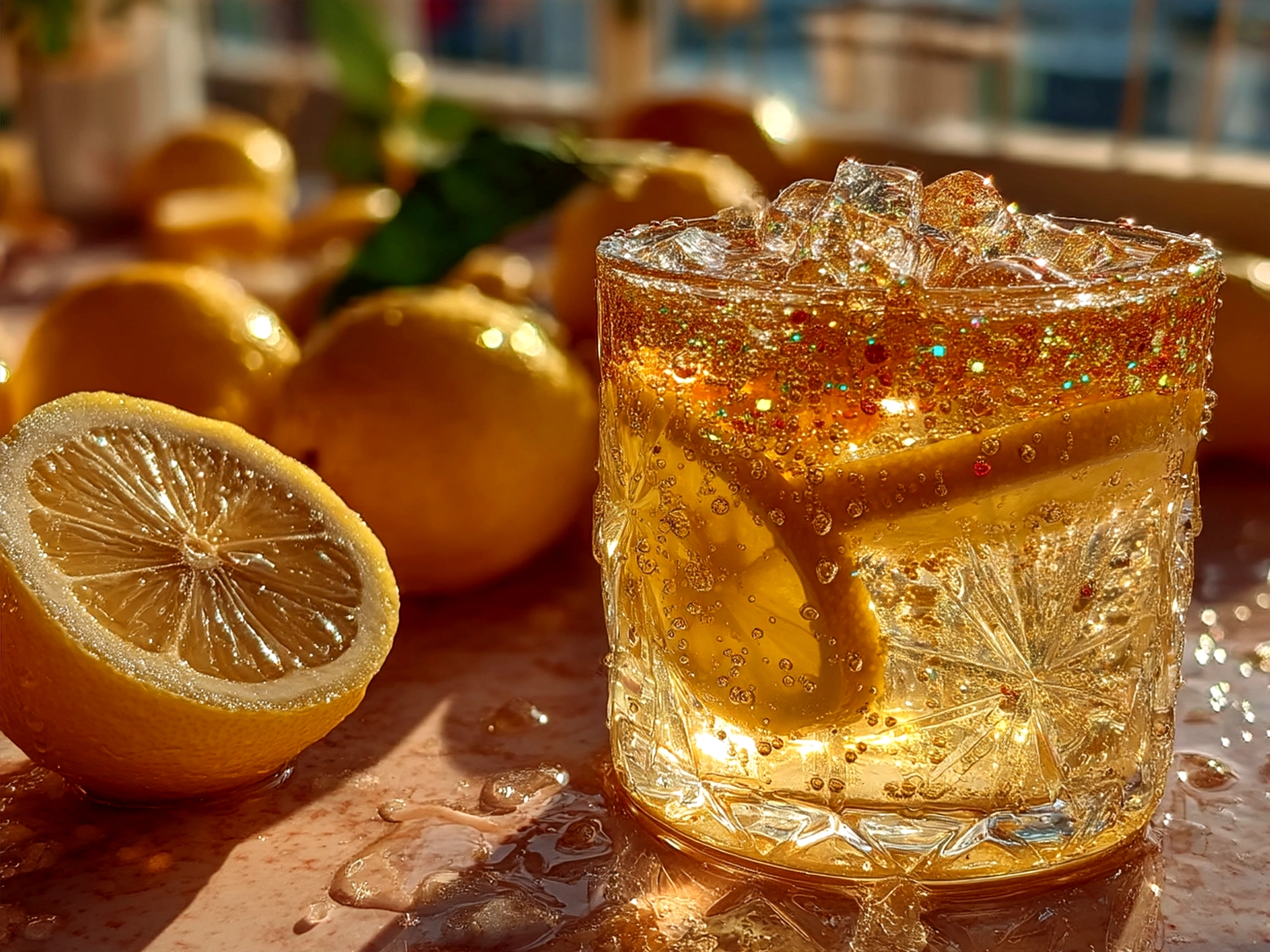 Glass of sparkling lemonade punch garnished with lemon slice and mint