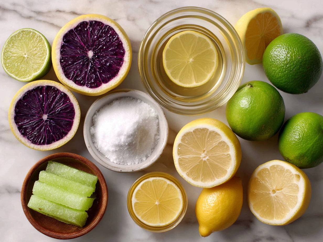 Ingredients for sparkling lemonade punch laid out on table