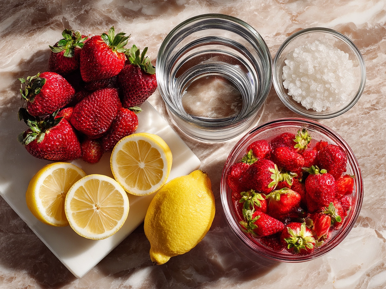 Ingredients for sparkling strawberry lemonade including fresh strawberries, lemons, sugar, sparkling water, and mint