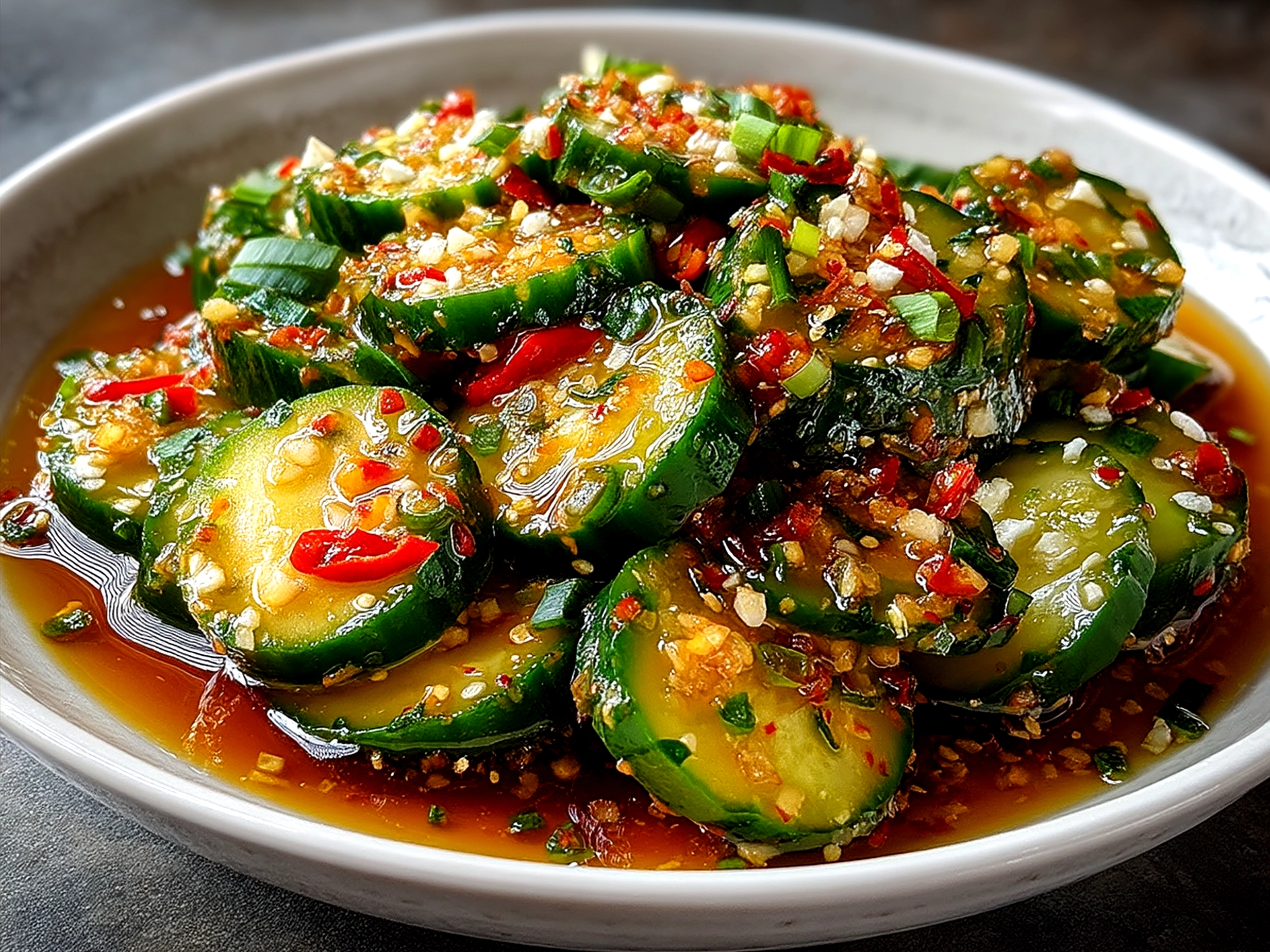 Spicy Cucumber Salad served in a rustic bowl garnished with herbs and sesame seeds
