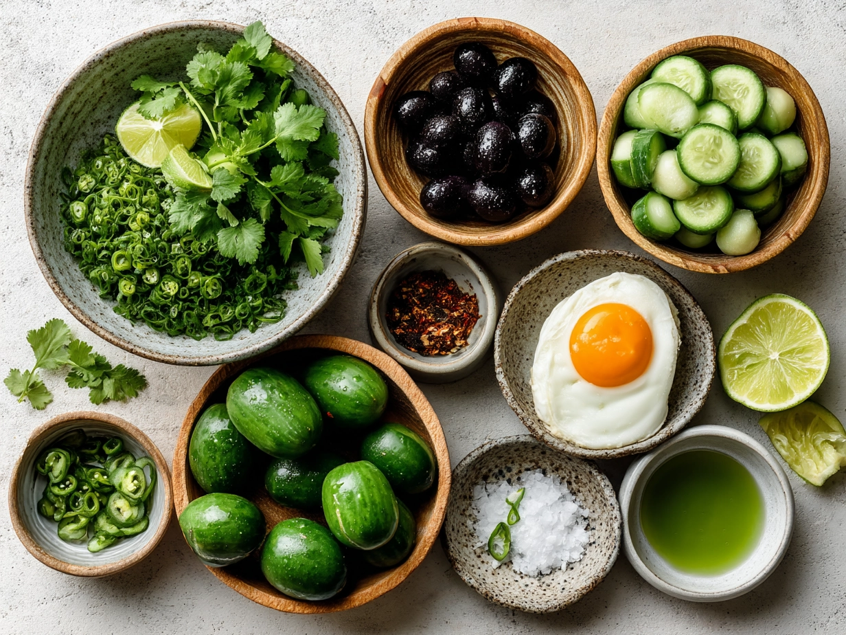 Ingredients for Spicy Cucumber Salad Recipe on a kitchen countertop