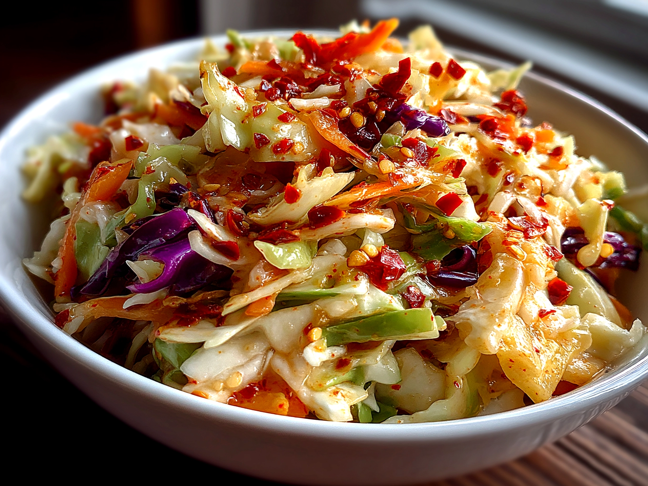 Serving Spicy Sriracha Slaw in a bright bowl garnished with toasted sesame seeds