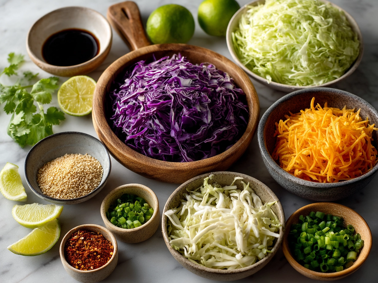 Ingredients for Spicy Sriracha Slaw — shredded green and purple cabbage, grated carrot, scallions, mayonnaise, Sriracha sauce, rice vinegar, honey, and garlic