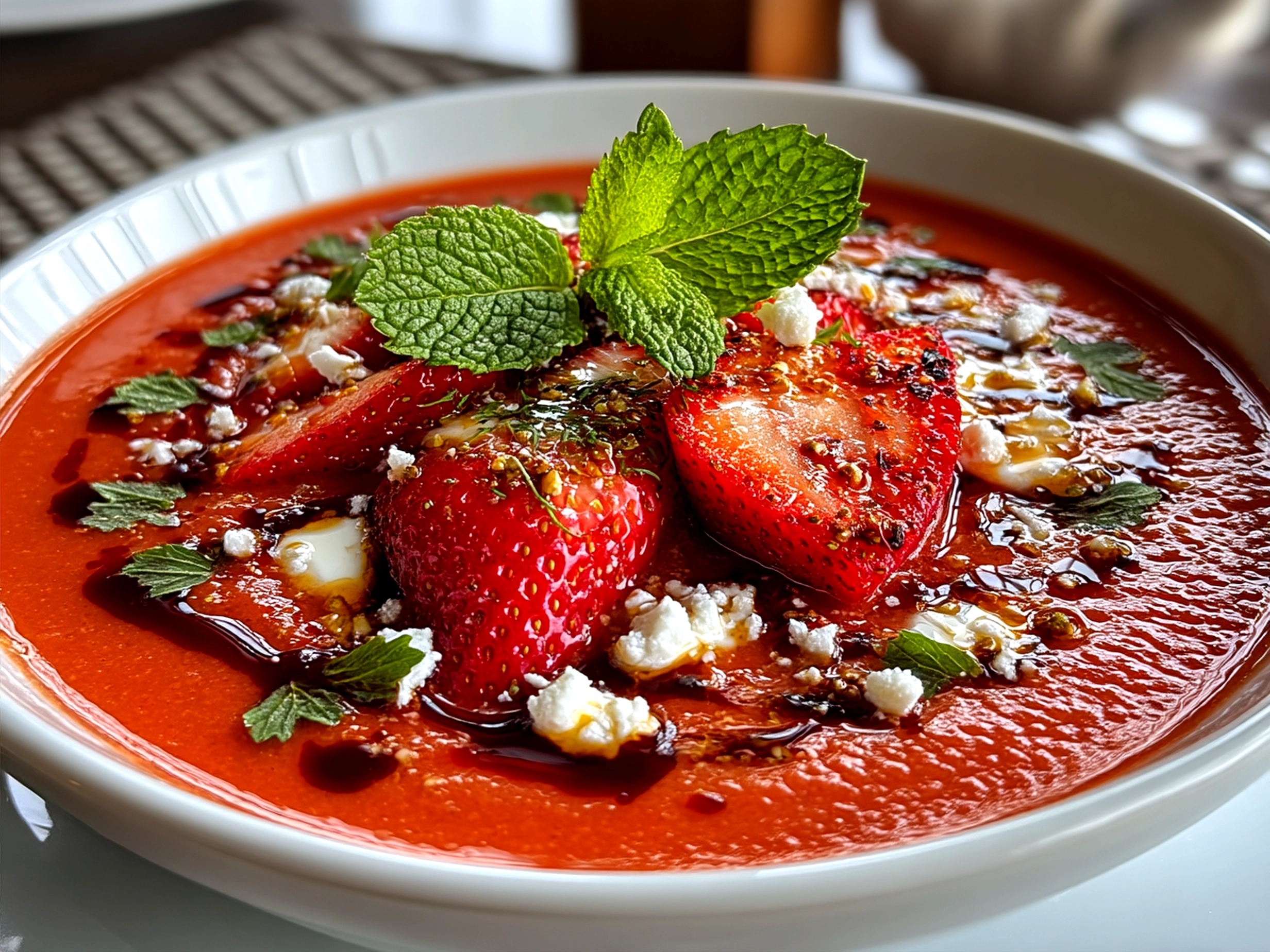 Chilled strawberry gazpacho served in glasses garnished with fresh basil