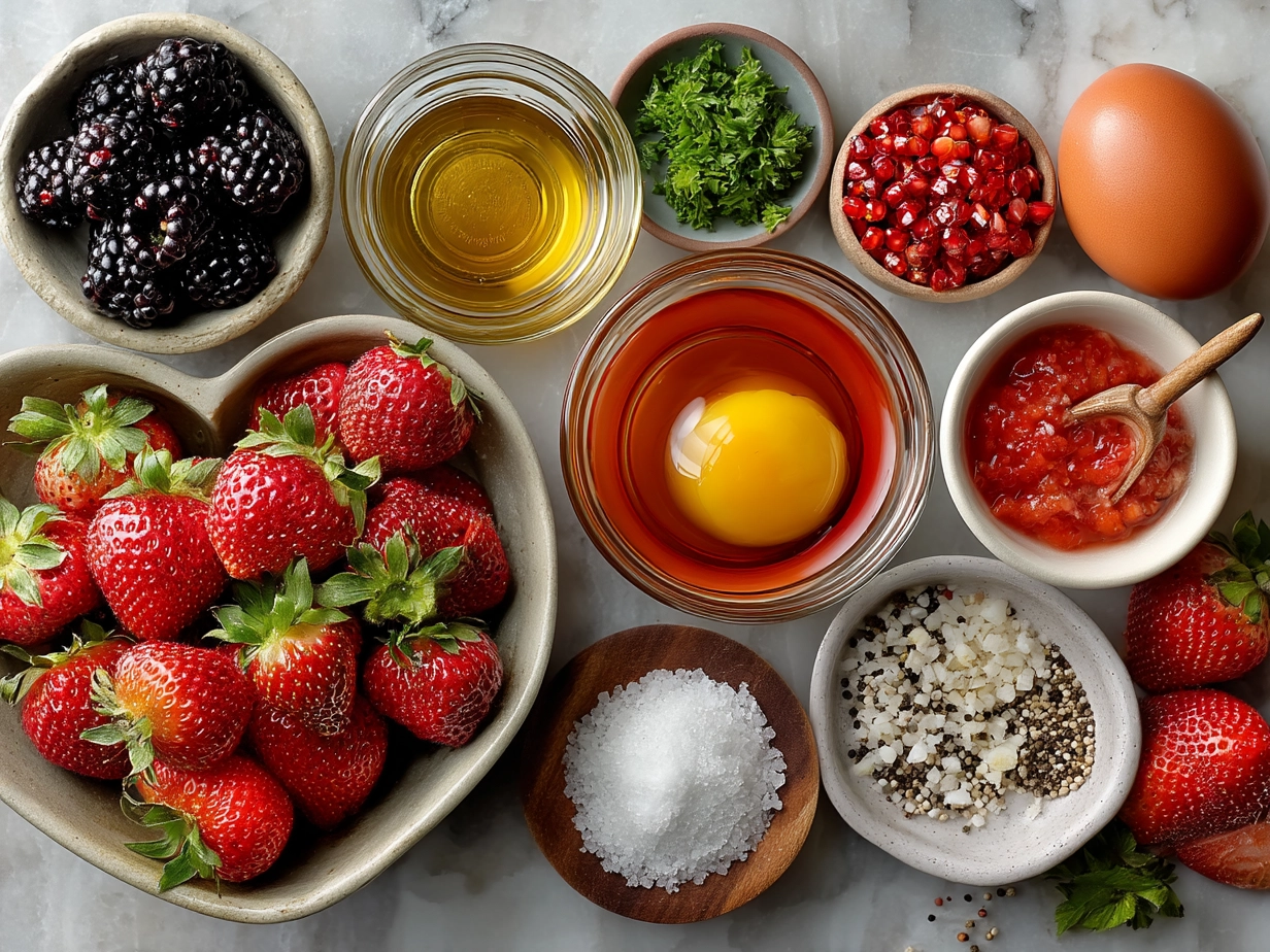 Ingredients for making strawberry gazpacho laid out on a table