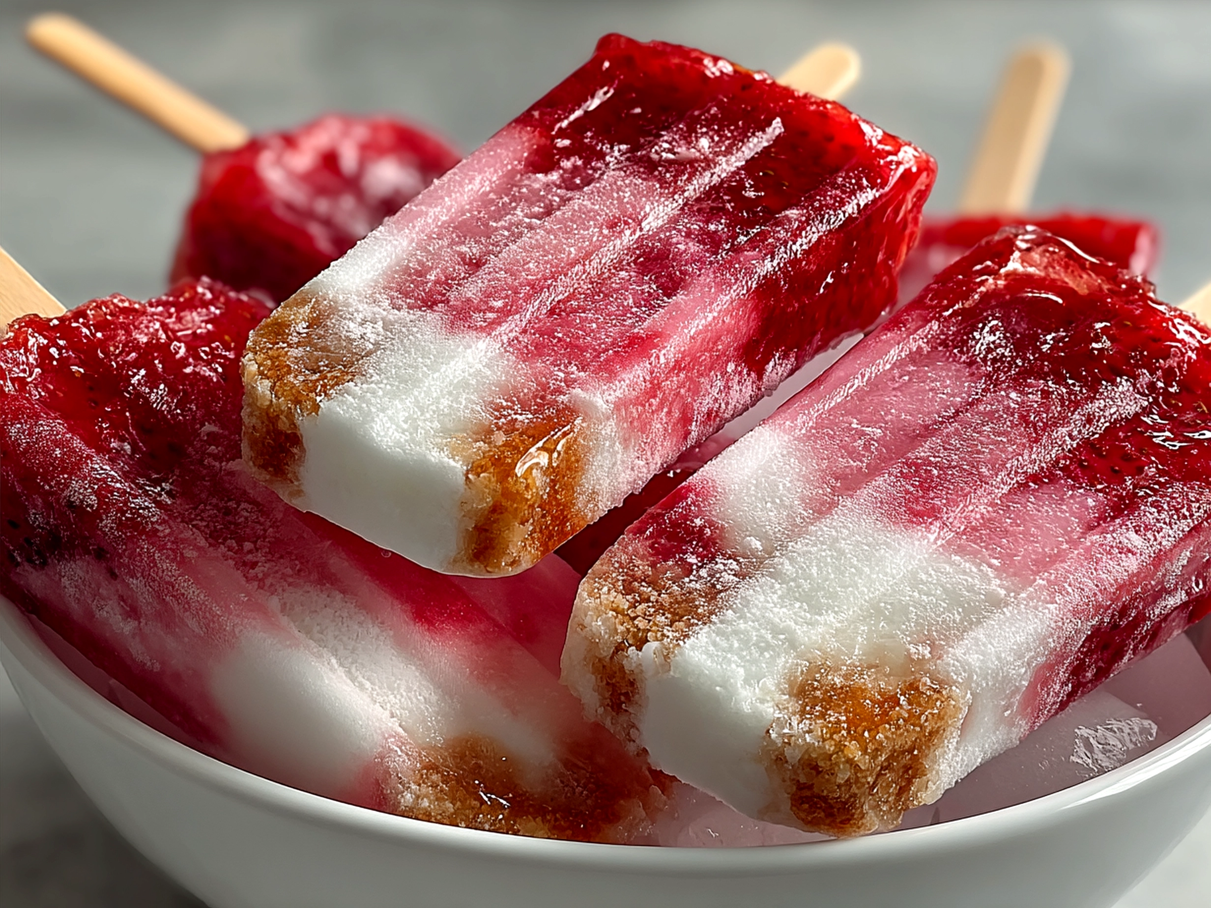Served Strawberry Lemonade Popsicles glowing in the sun on a plate with lemon and mint garnish