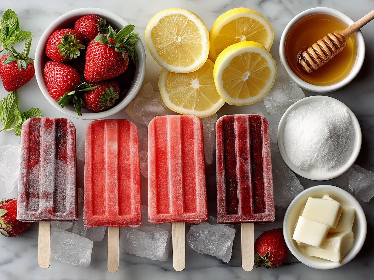 Ingredients for Strawberry Lemonade Popsicles including fresh strawberries, lemons, sugar, and water