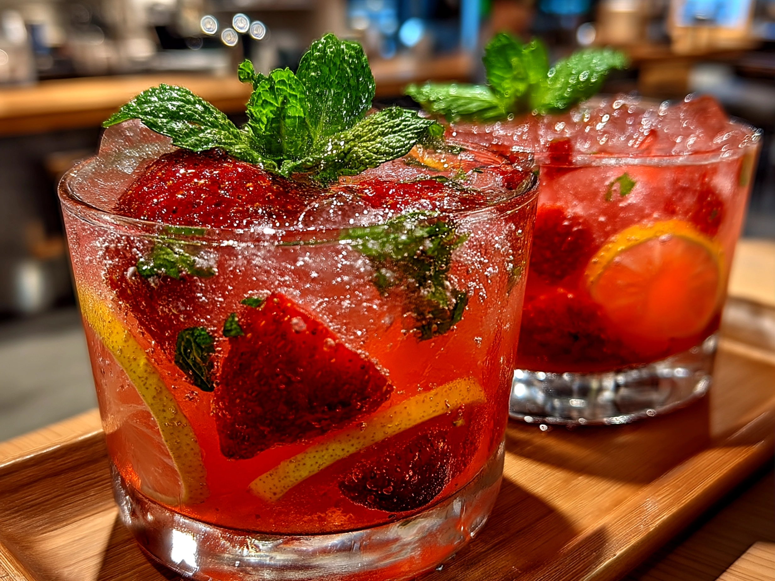 A refreshing glass of strawberry mint lemonade garnished with lemon slice and fresh mint