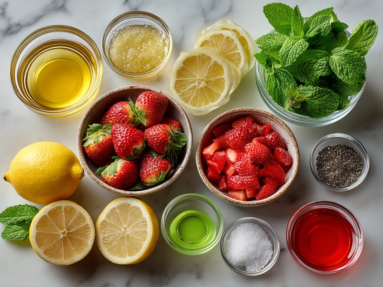 Ingredients for making strawberry mint lemonade including fresh strawberries, lemons, mint and sugar