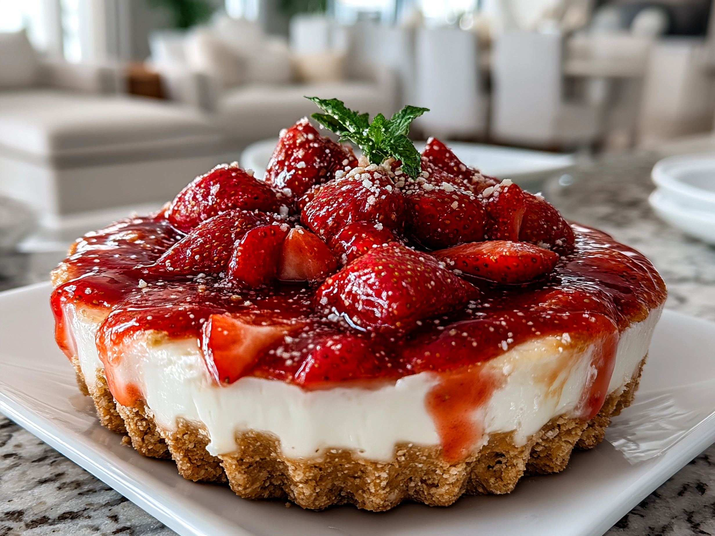 Slice of strawberry pretzel salad served on a white plate