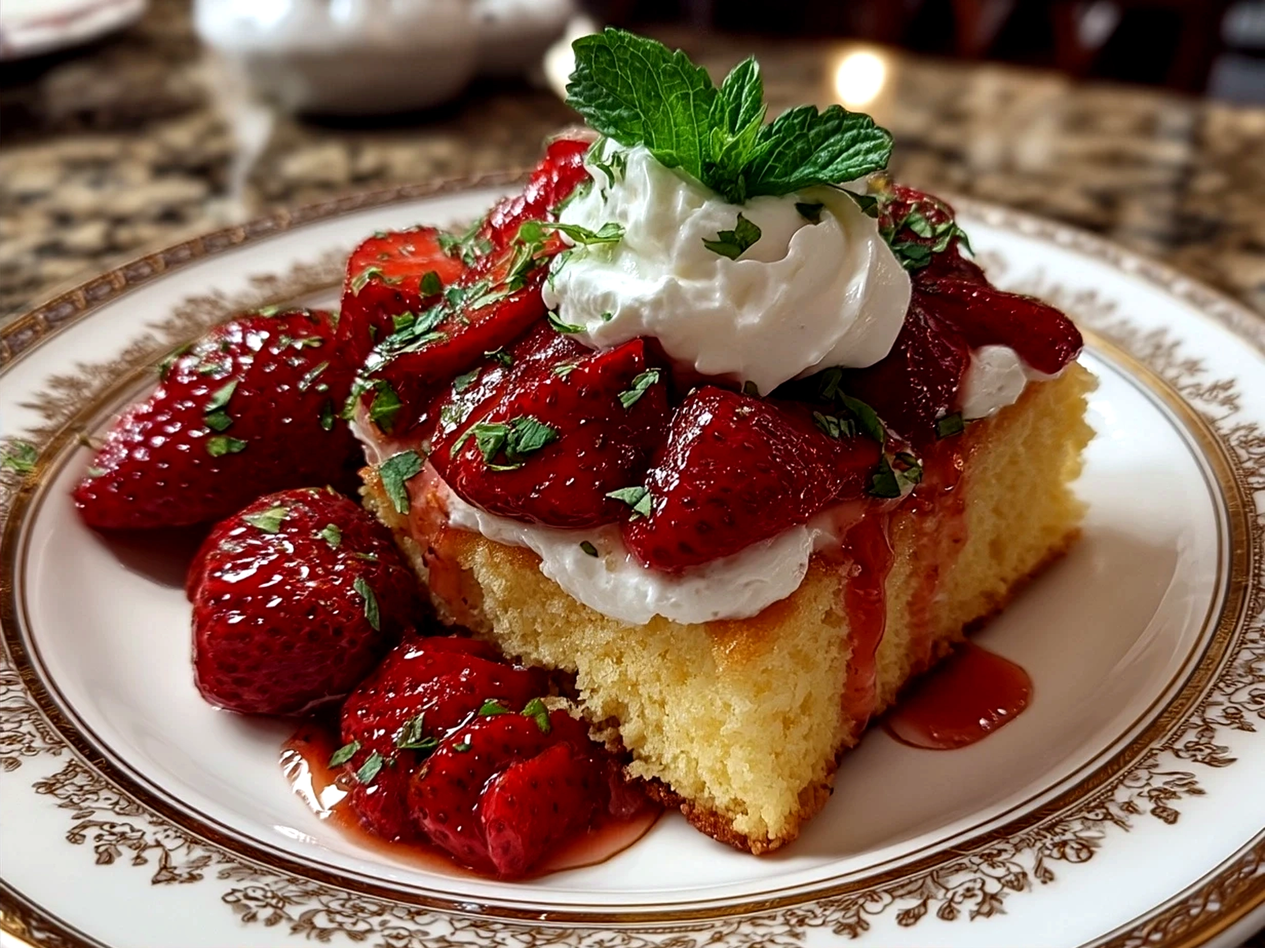 Beautifully presented strawberry shortcake dessert on a plate