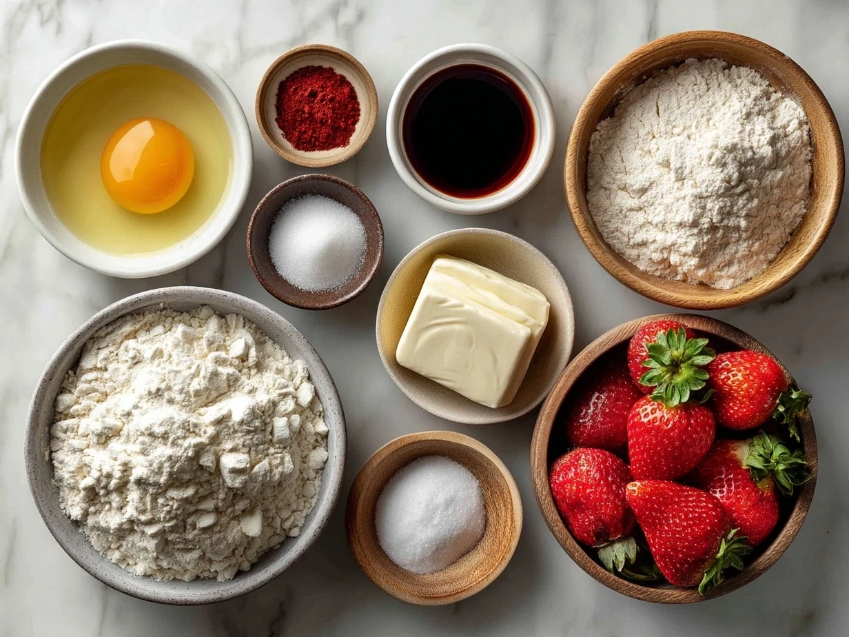 Ingredients for making strawberry shortcake laid out on a table