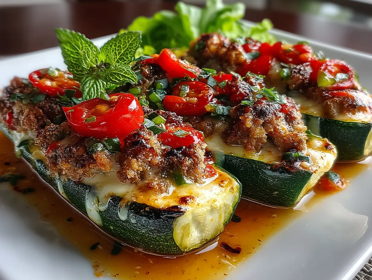 Plated stuffed zucchini boats garnished with fresh herbs on a serving dish