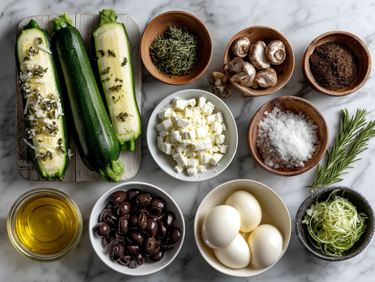 Assorted ingredients for making stuffed zucchini boats on a kitchen counter