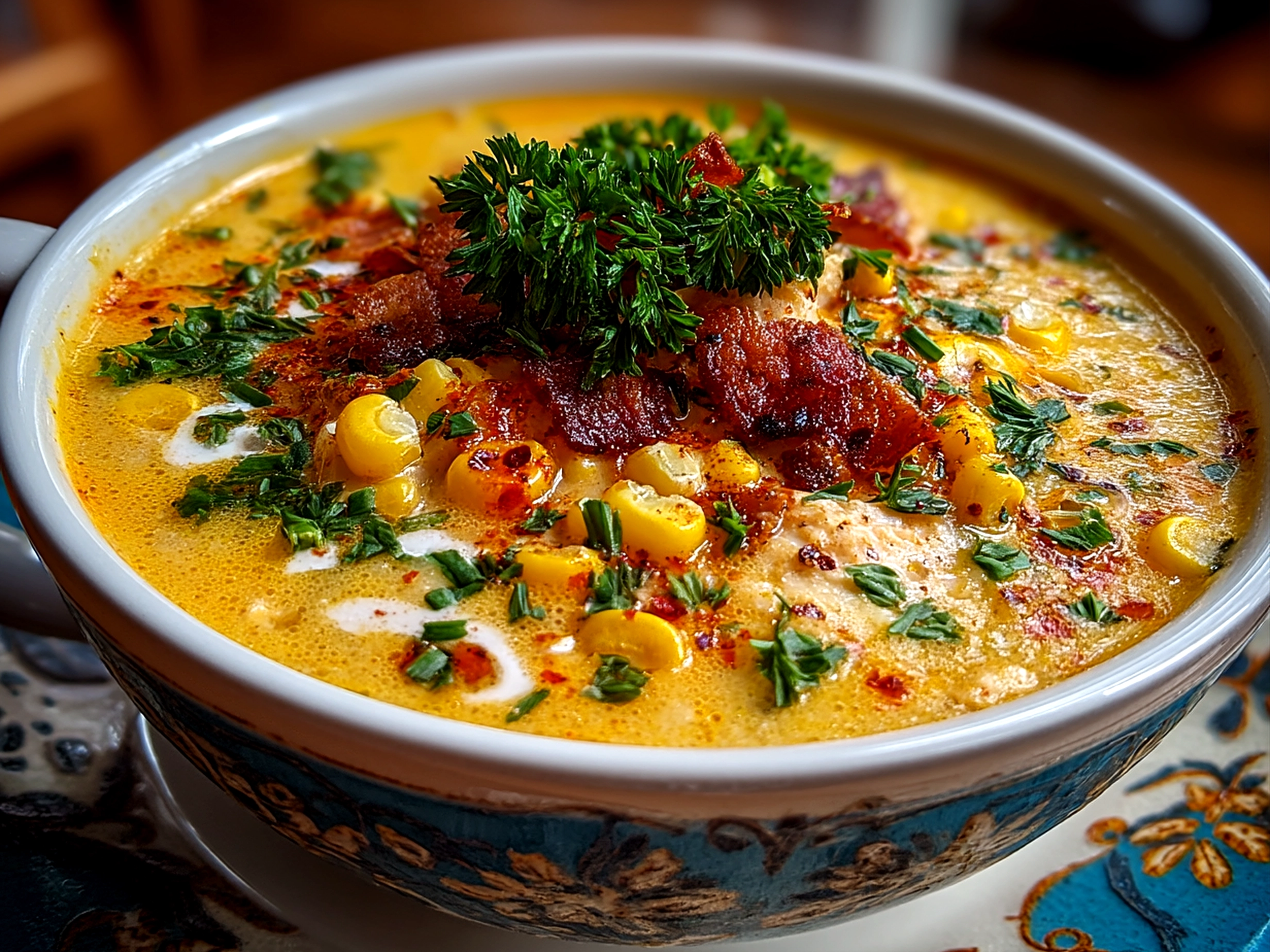 A bowl of creamy Summer Corn Chowder garnished with fresh herbs