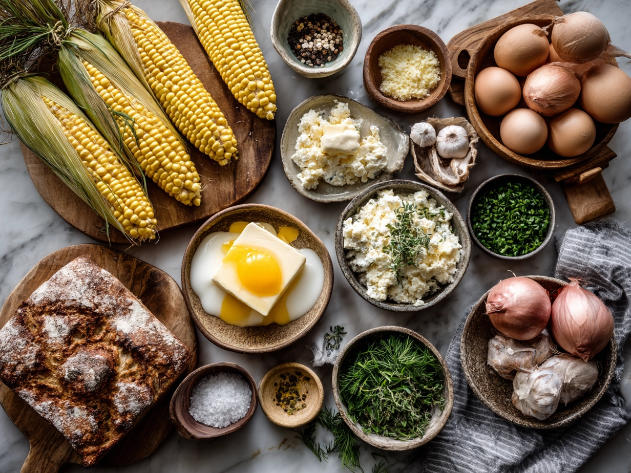 Ingredients for Summer Corn Chowder including fresh corn, potatoes, onions, celery, and herbs