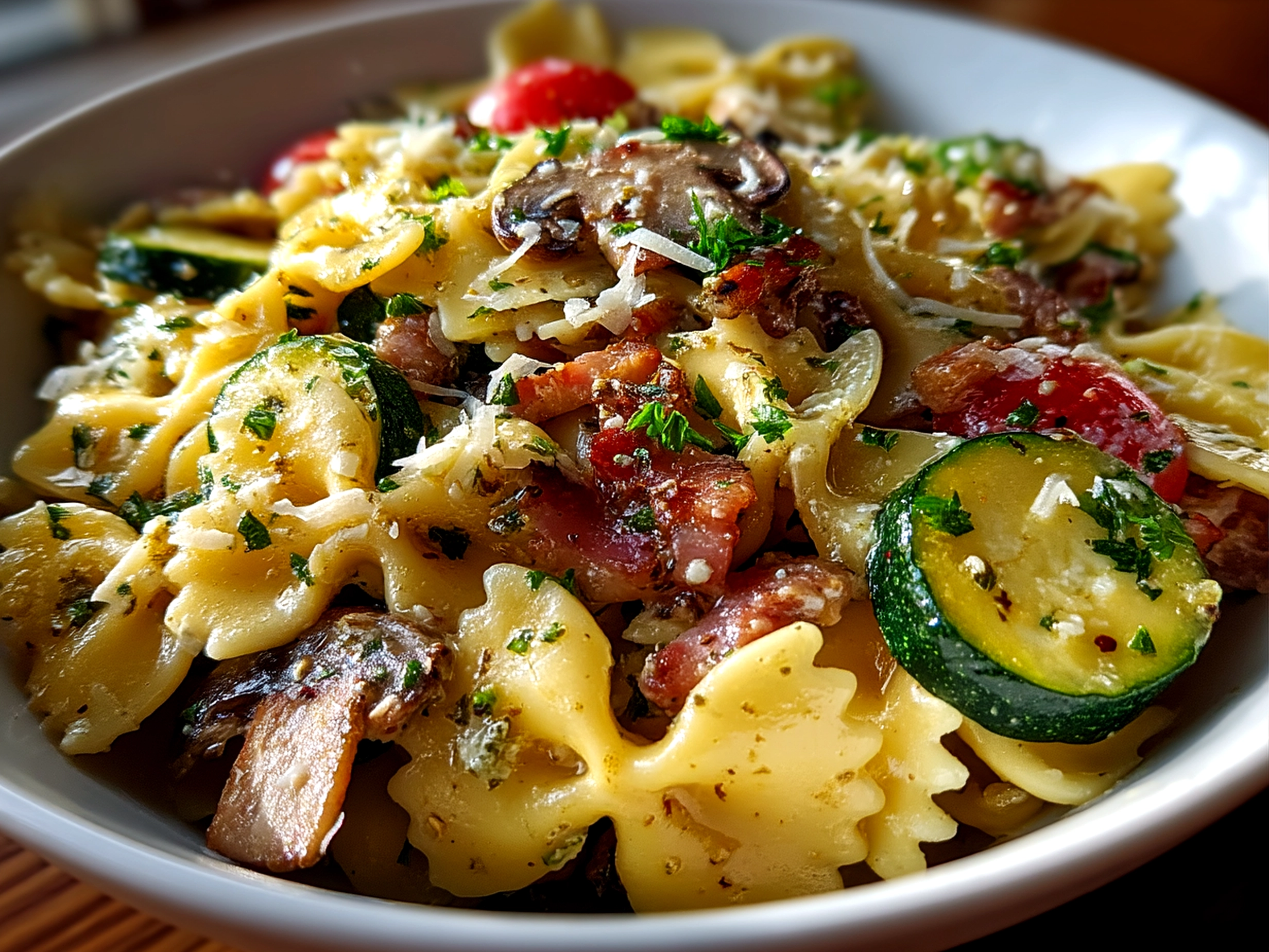 Served summer pasta salad with vibrant cherry tomatoes, cucumbers, feta, and fresh herbs in a glass bowl