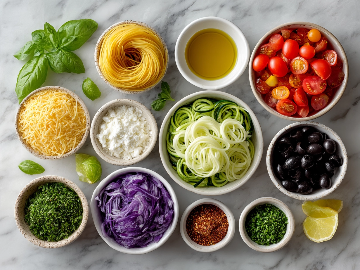 Ingredients for Mediterranean summer pasta salad including pasta, cherry tomatoes, cucumber, red onion, olives, feta cheese, and fresh herbs