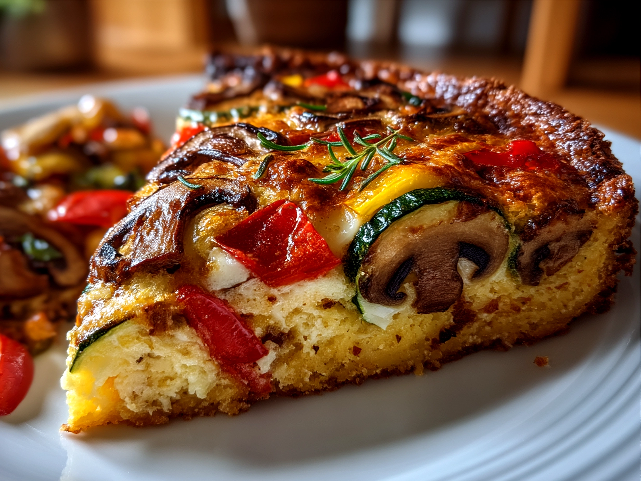 Brightly colored summer veggie pizza slice with fresh basil and cherry tomatoes on a rustic board