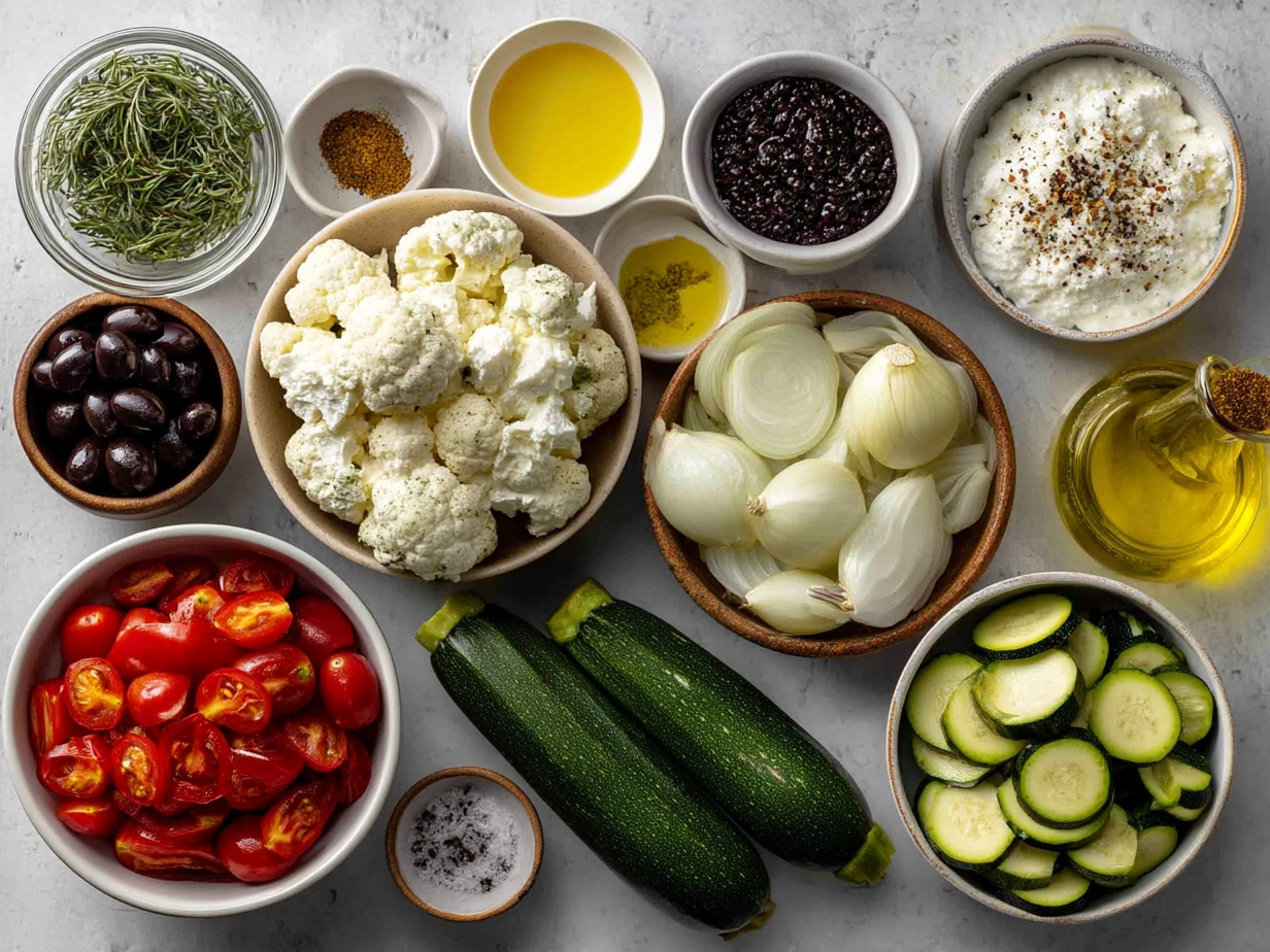 Ingredients for Summer Veggie Pizza including fresh tomatoes, zucchini, mozzarella, basil, and bell peppers