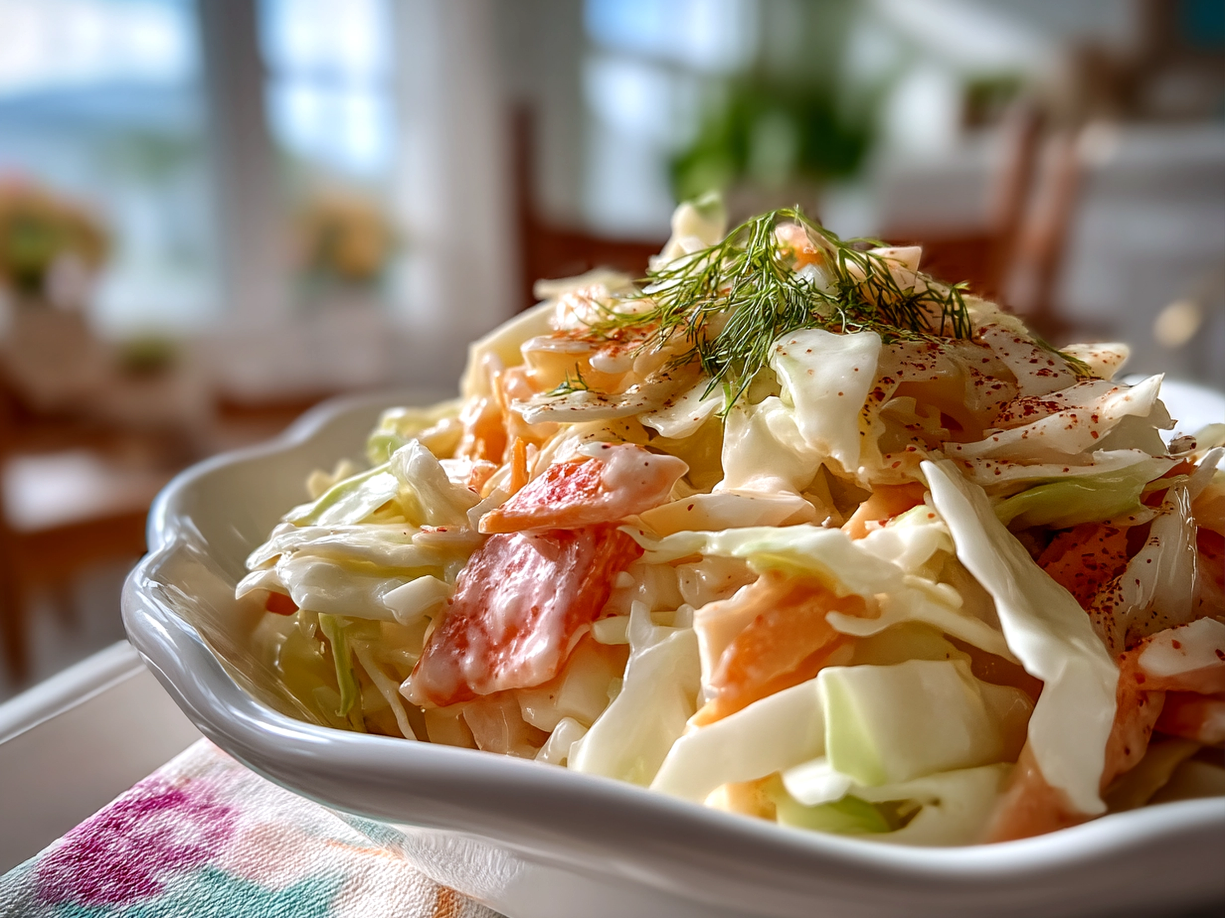 Sweet and Tangy Coleslaw served in a rustic wooden bowl showing vibrant colors of cabbage, carrots, and onion