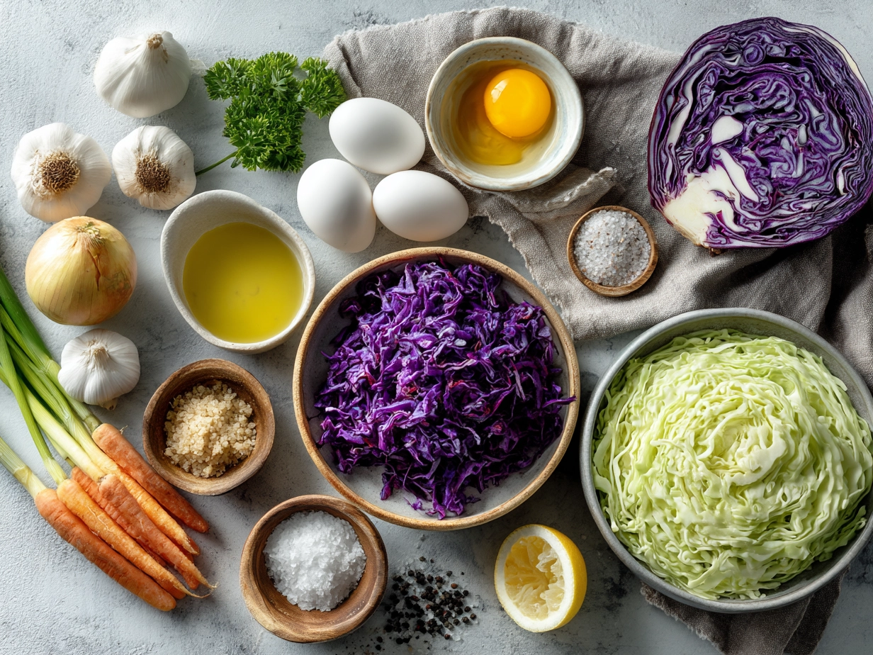 Ingredients for Sweet and Tangy Coleslaw including shredded cabbage, carrots, onions, vinegar, sugar, salt, pepper and oil