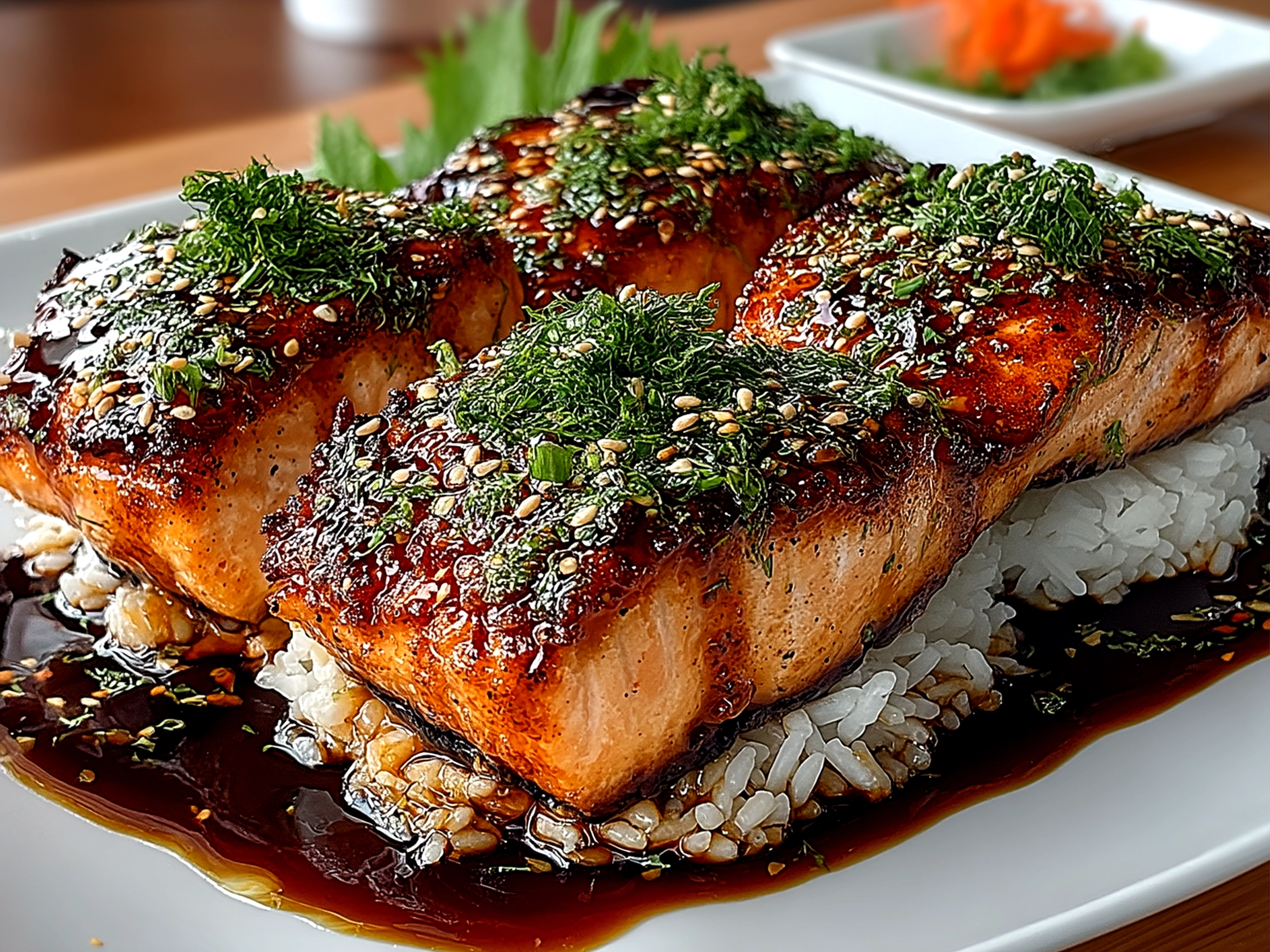 A plated dish of glazed teriyaki salmon served with rice and fresh green garnish