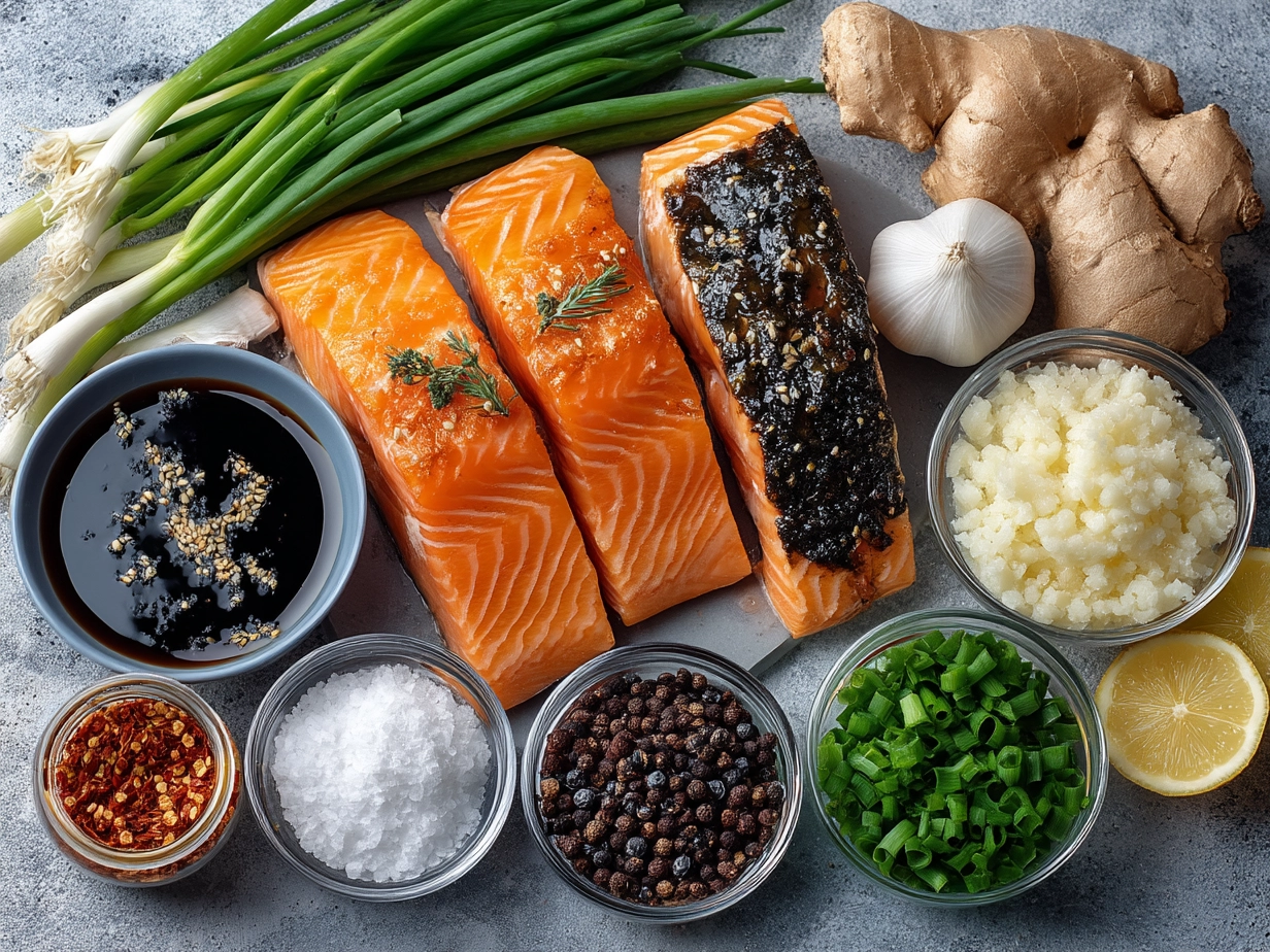 Ingredients arranged for Teriyaki Salmon including soy sauce, ginger, garlic, and salmon fillets