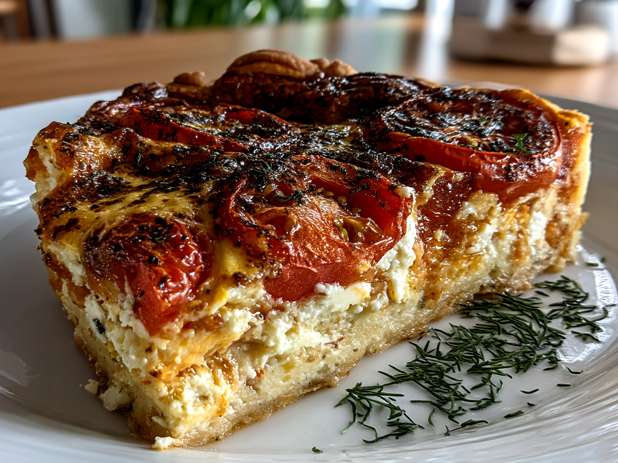 A freshly baked cheesy tomato pie sliced and served on a plate