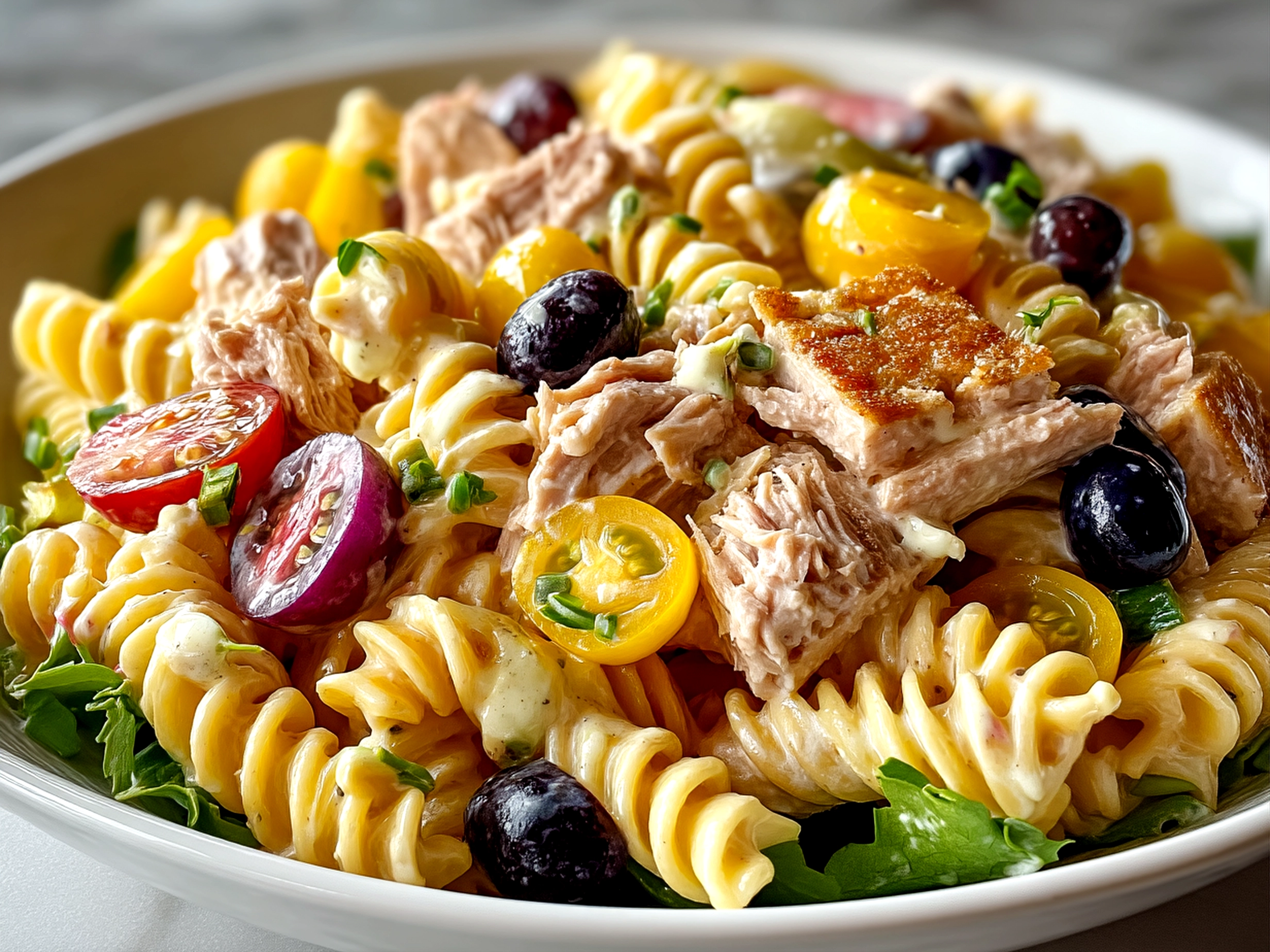 A bowl of vibrant Tuna Pasta Salad ready to serve with fresh herbs on top