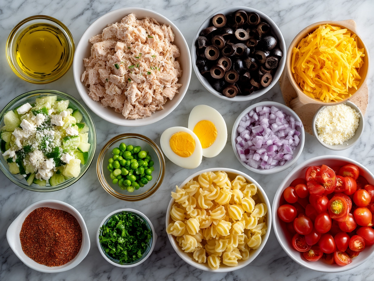 Ingredients laid out for Tuna Pasta Salad including pasta, tuna, olives, vegetables, and herbs