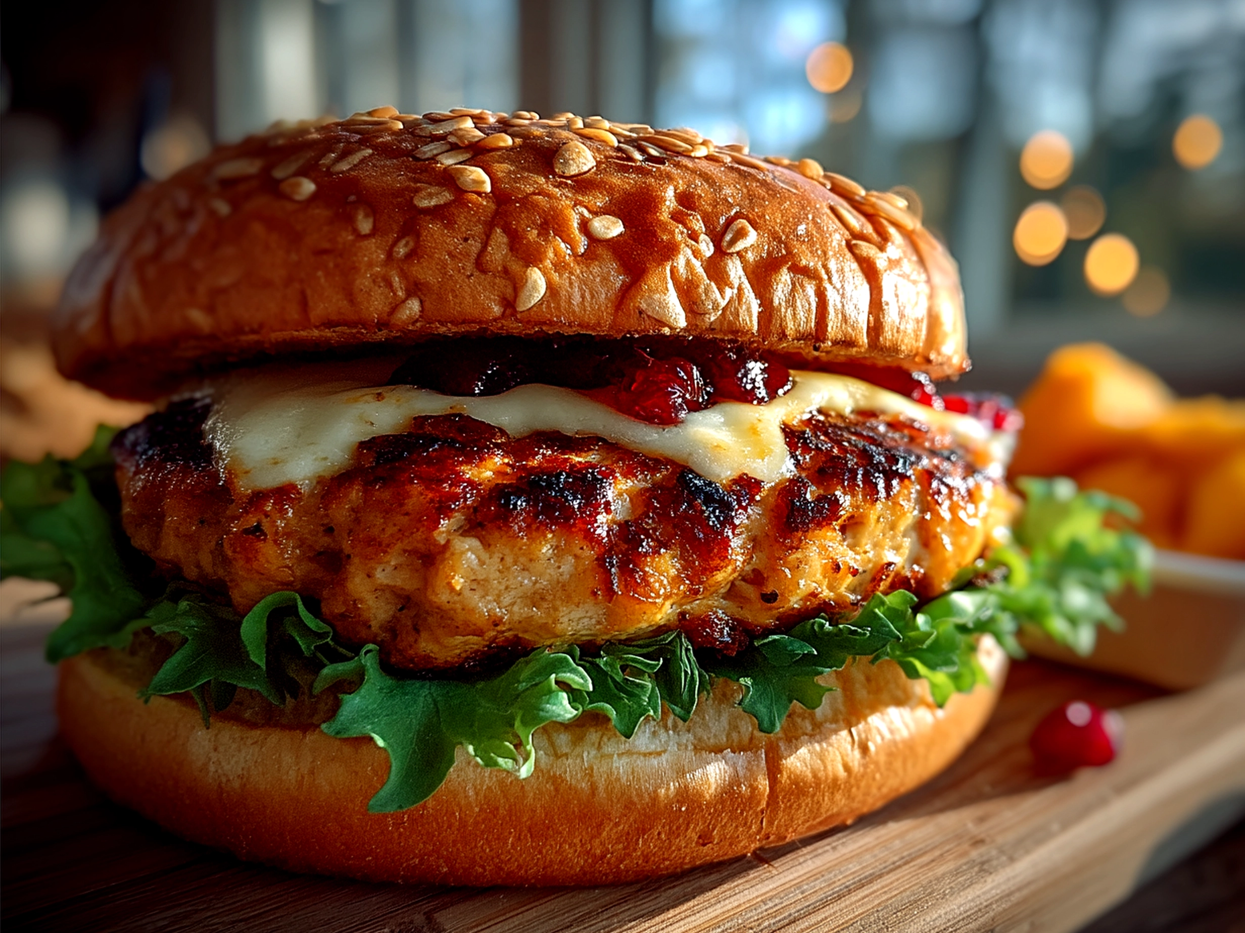 Juicy turkey burger served with fresh toppings and side salad