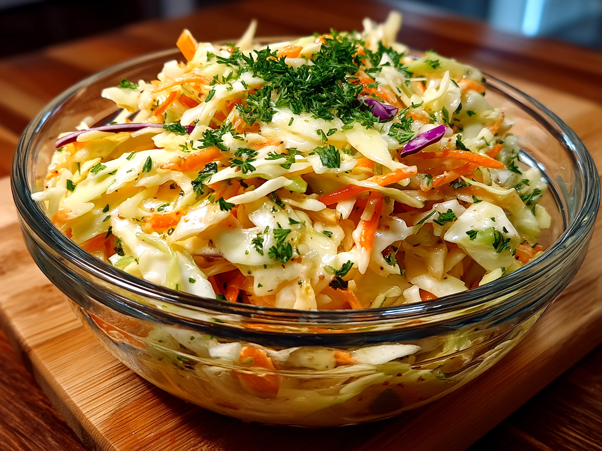 Serving bowl filled with vibrant vinegar coleslaw garnished with fresh herbs