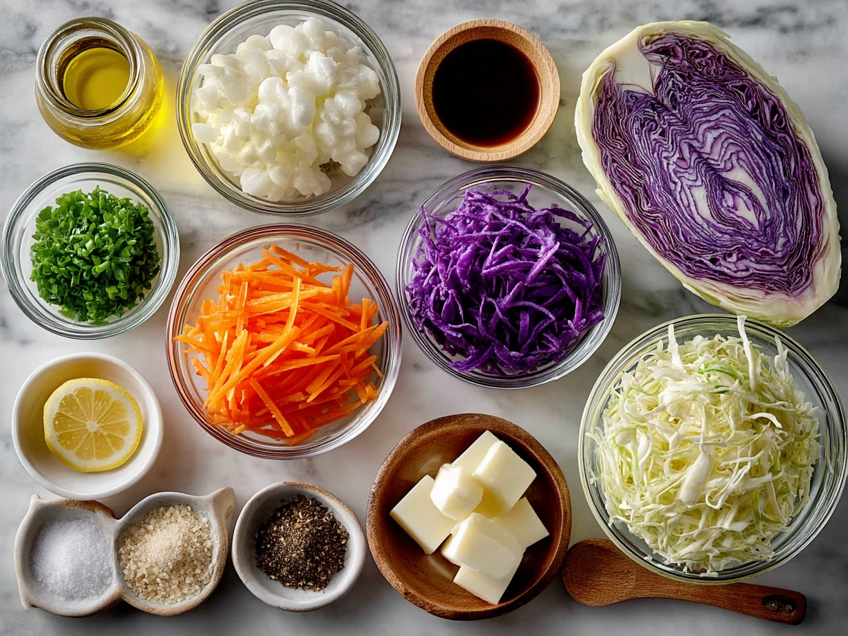 Ingredients laid out for vinegar coleslaw including shredded cabbage, carrots, onions, vinegar, sugar, and spices
