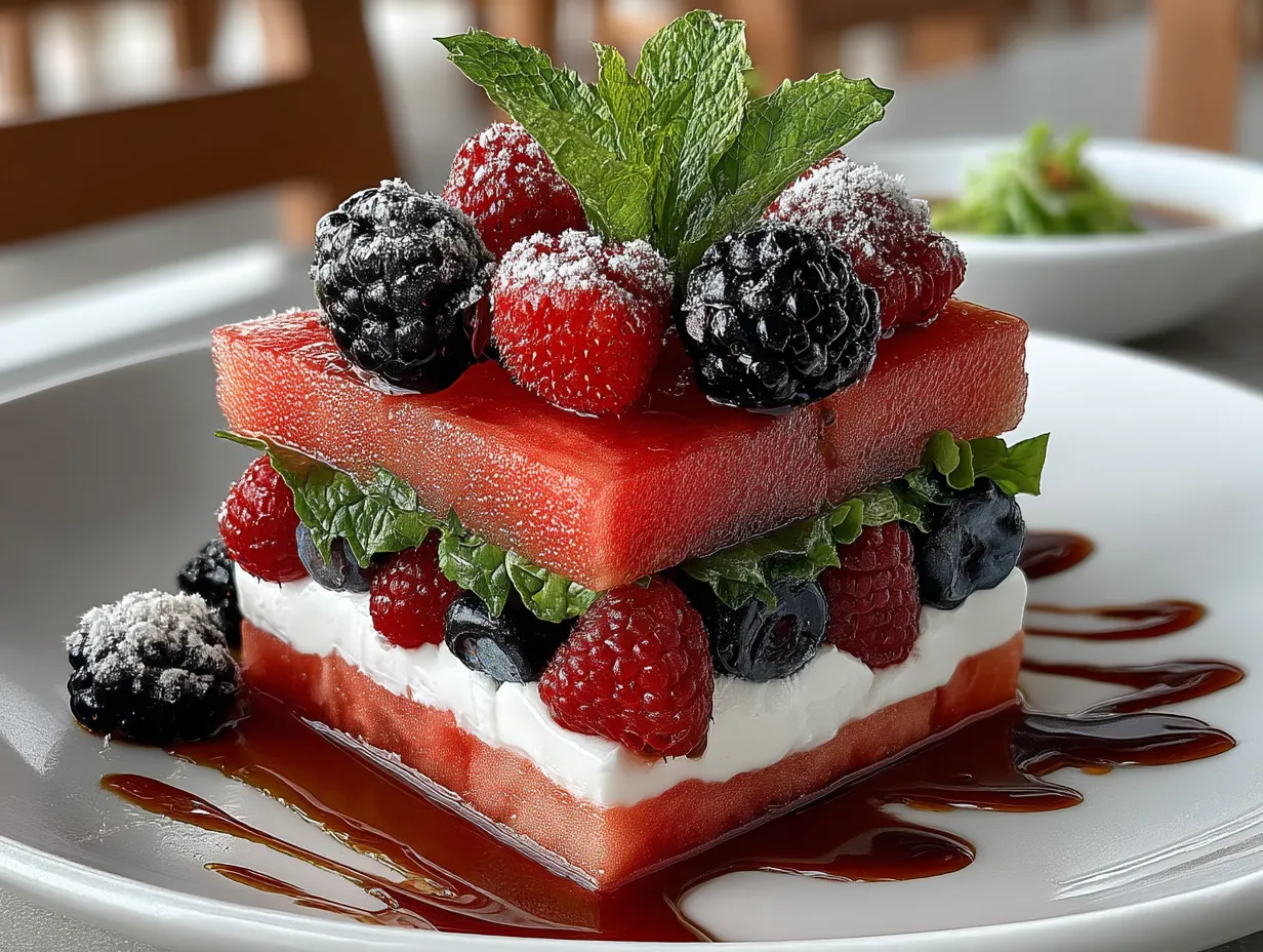 Freshly served Watermelon Berry Salad in a glass bowl garnished with mint