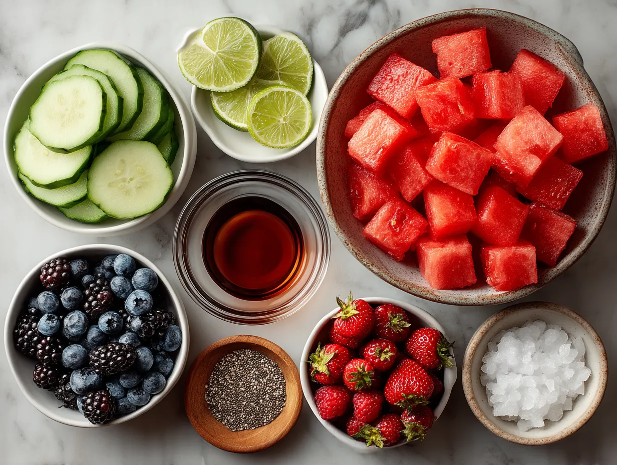Ingredients for Watermelon Berry Salad including diced watermelon, strawberries, blueberries, raspberries, mint, lime, honey, feta, and toasted nuts
