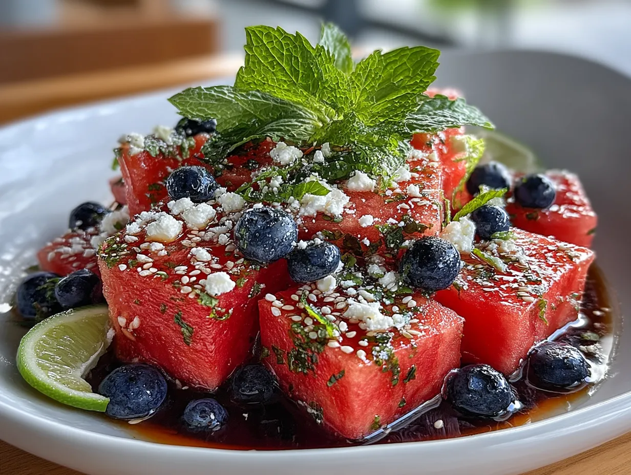Serving Watermelon Blueberry Feta Salad with honey lime dressing