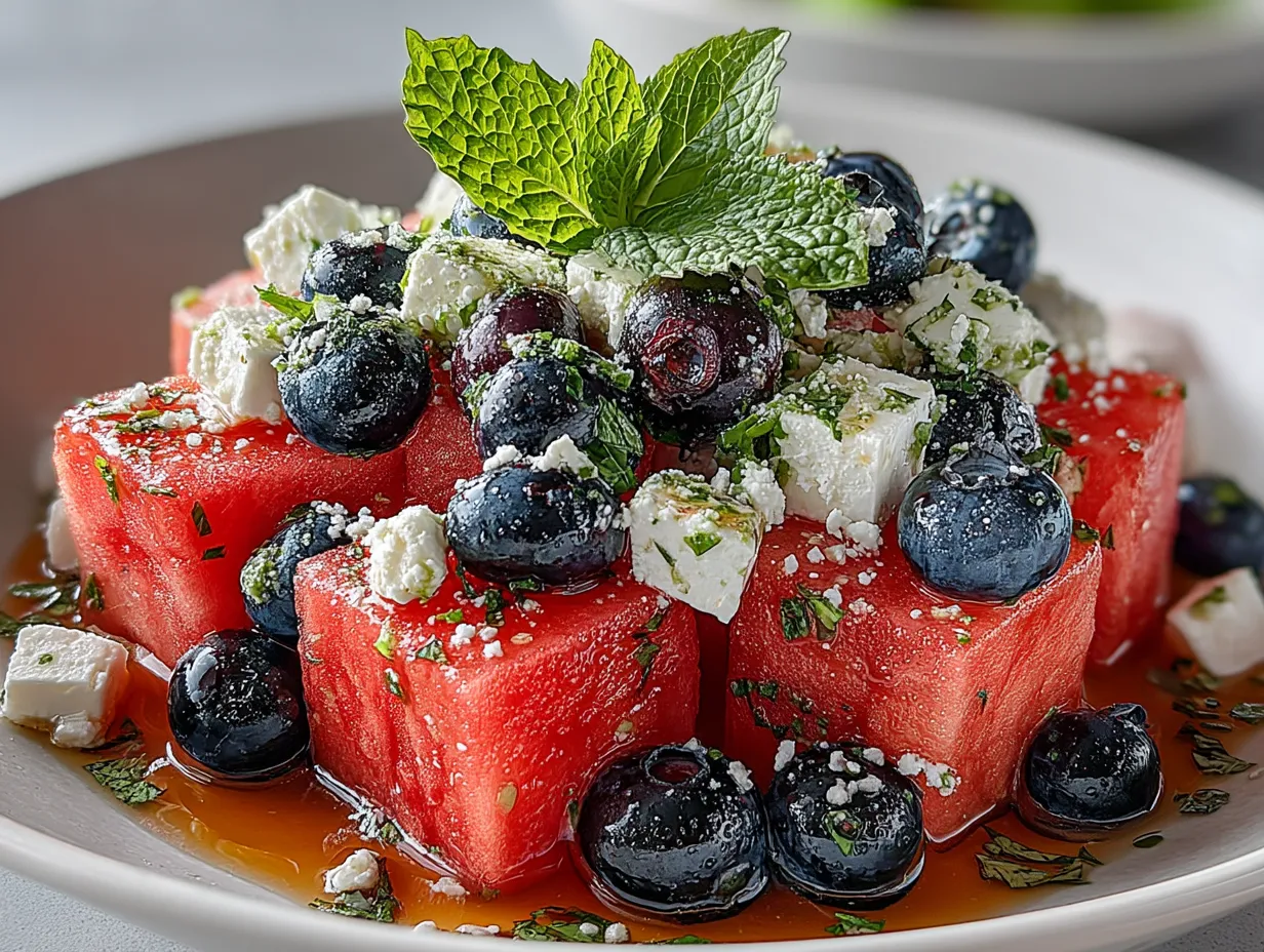 Watermelon Blueberry Feta Salad (honey-lime dressing)