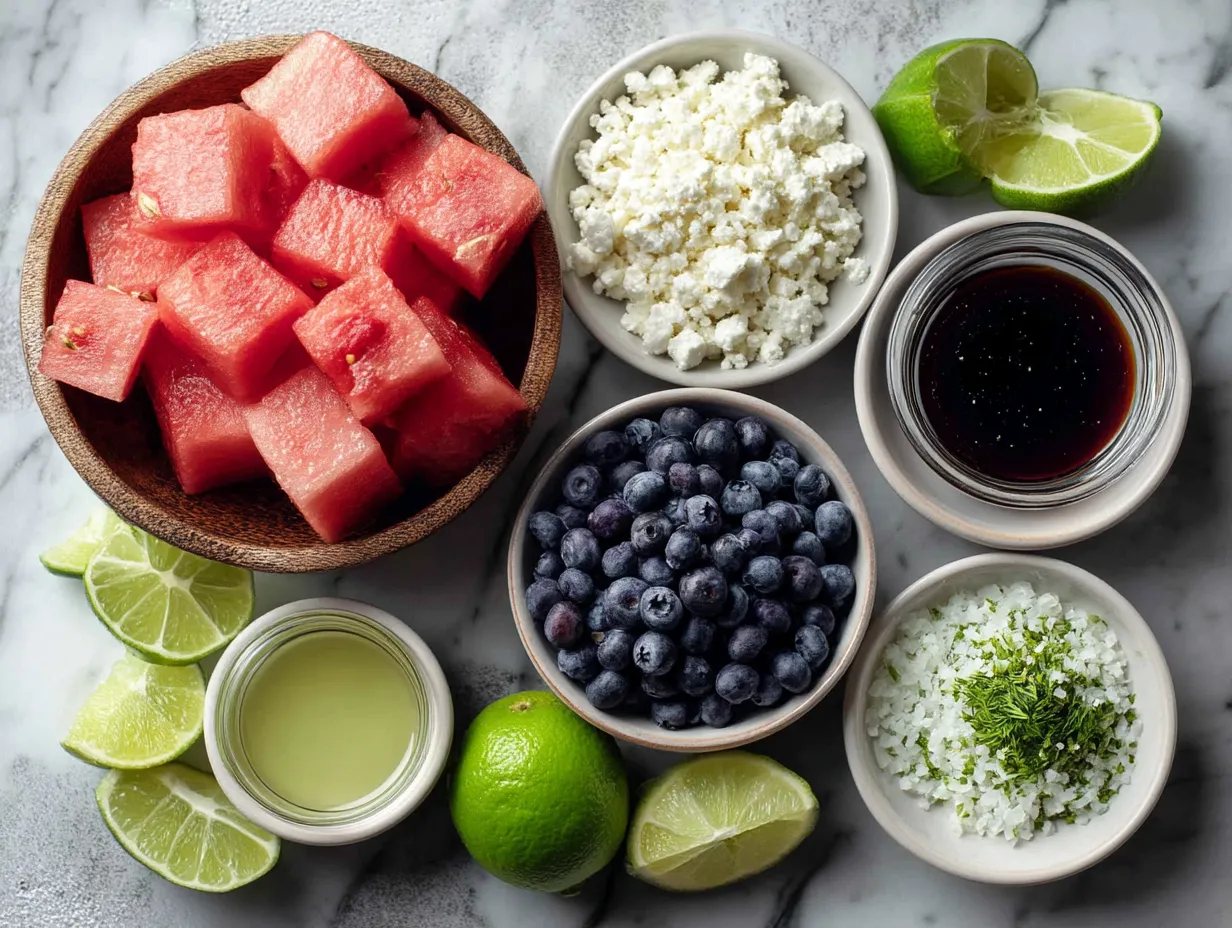 Ingredients for Watermelon Blueberry Feta Salad with honey lime dressing