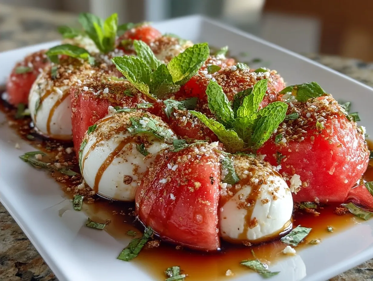Serving Watermelon Caprese Salad garnished with fresh basil leaves and cracked pepper