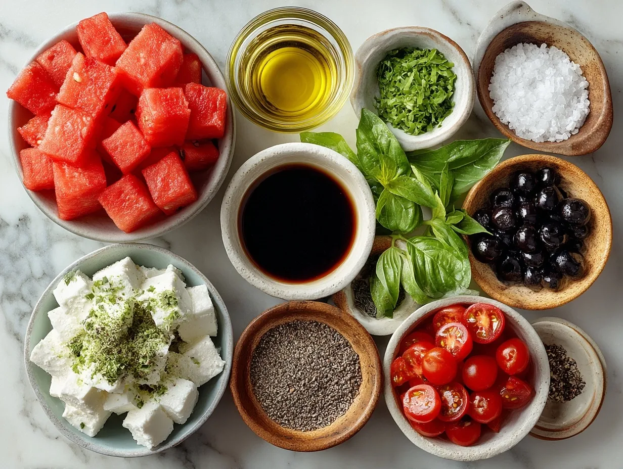 Ingredients for Watermelon Caprese Salad: watermelon cubes, fresh mozzarella, basil leaves, olive oil, balsamic vinegar, black pepper, sea salt
