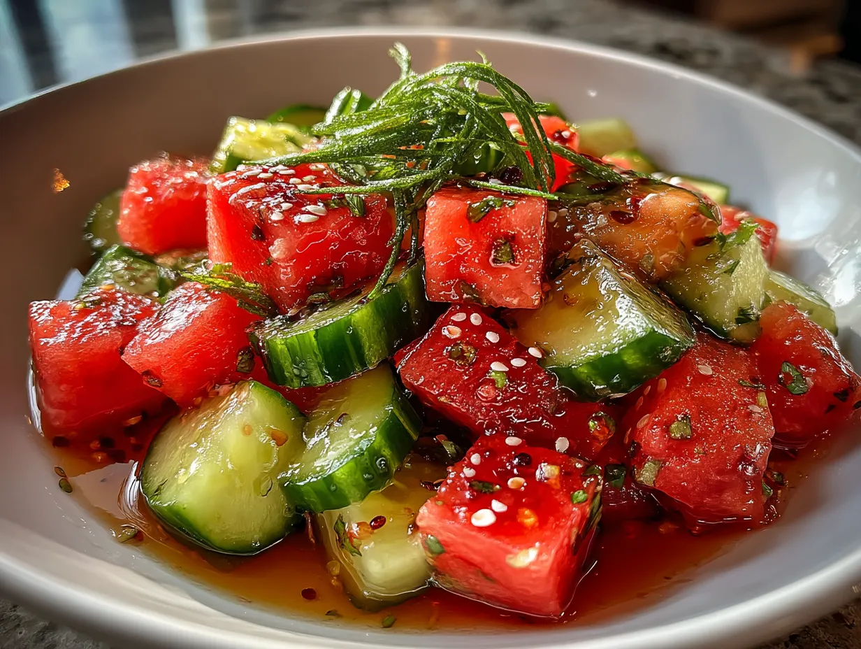 Fresh Watermelon Cucumber Salad served in a glass bowl with mint garnishes