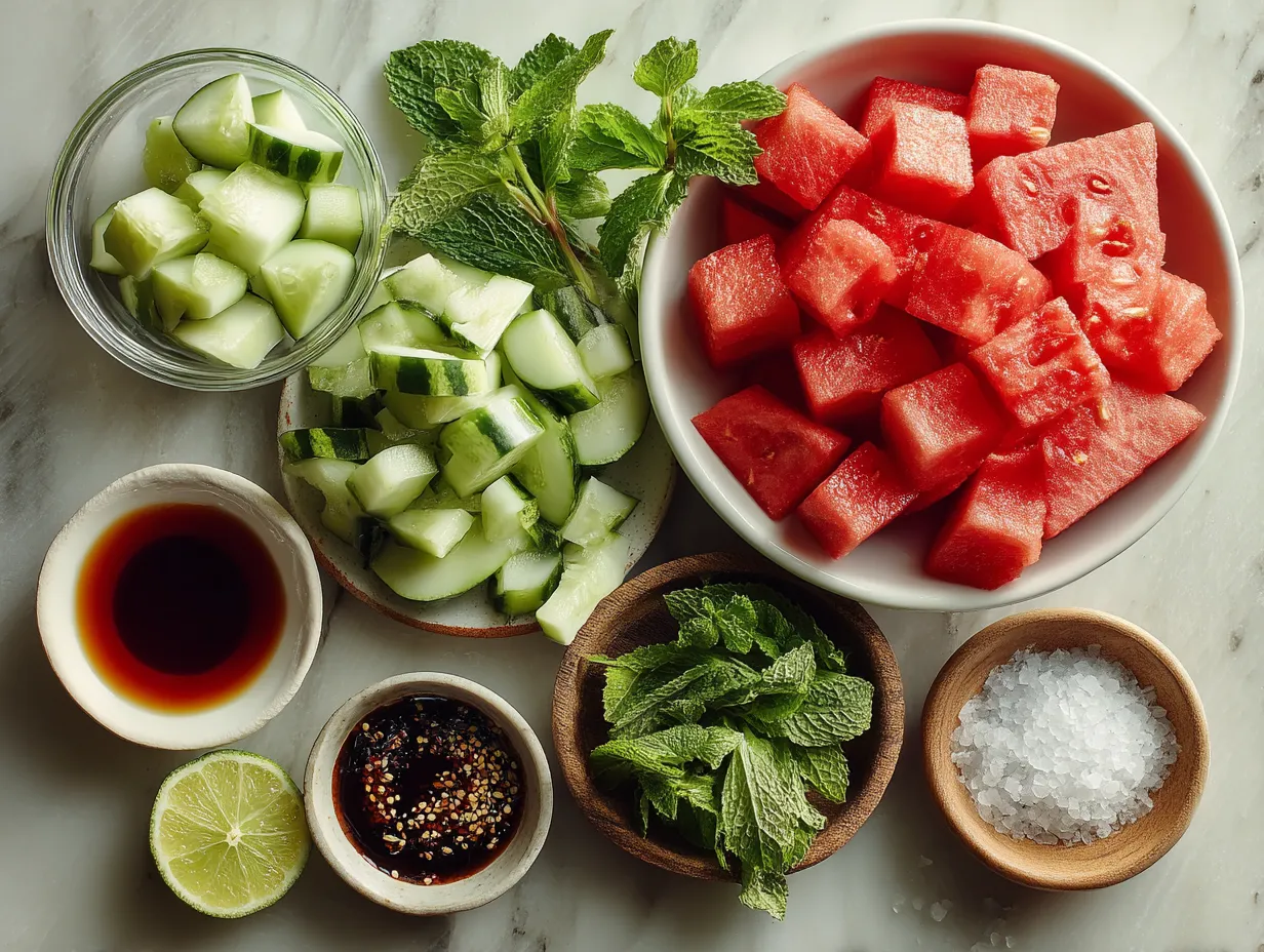 Ingredients for Watermelon Cucumber Salad showing watermelon cubes, cucumbers, mint, red onion, lime and feta cheese
