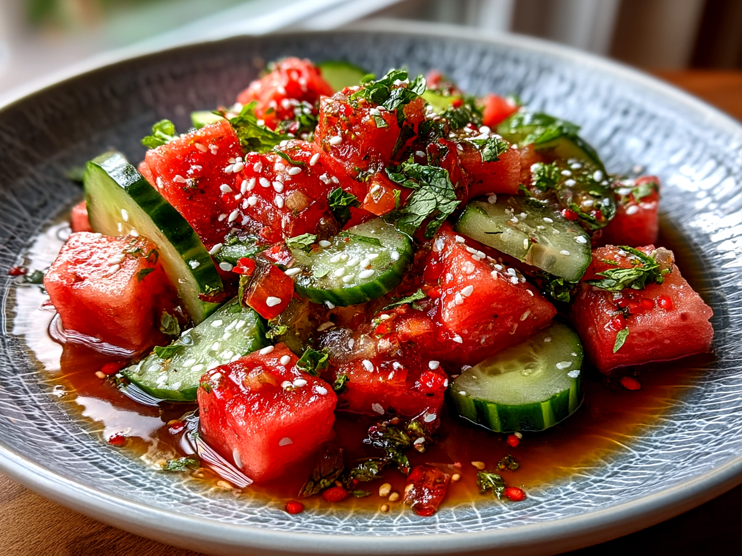 Serving suggestion of Watermelon and Cucumber Summer Salad garnished with mint and feta