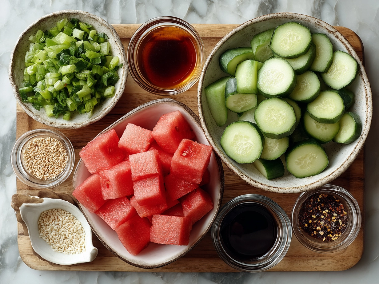 Ingredients for Watermelon and Cucumber Summer Salad including watermelon cubes, cucumber slices, mint, feta, lime, honey, salt, pepper and olive oil