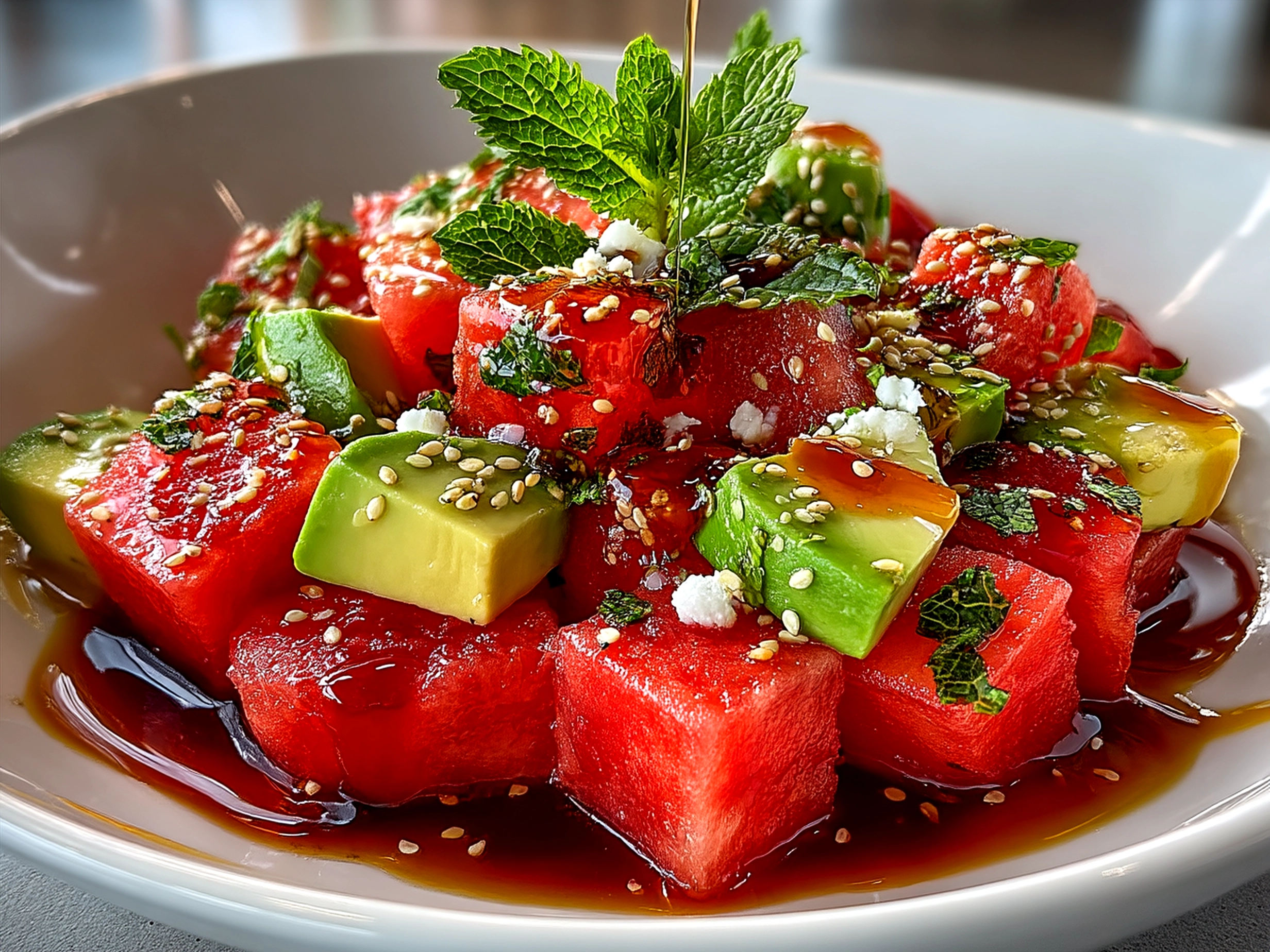 Serving Watermelon Avocado Salad garnished with mint and lime wedges