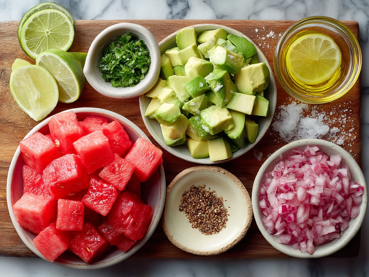 Ingredients for Watermelon Avocado Salad: watermelon, avocado, red onion, mint, feta, lime, olive oil, honey, chili flakes