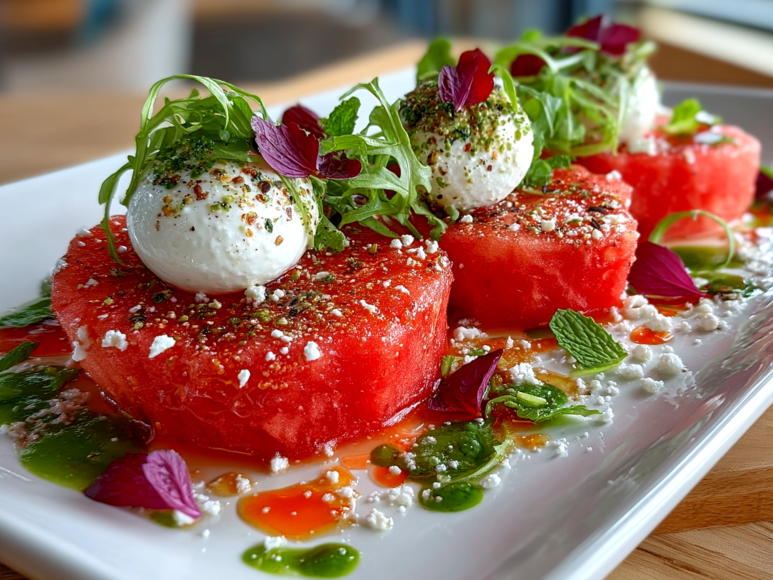 Serving the vibrant Watermelon Burrata Salad on a rustic platter with fresh herbs and nuts