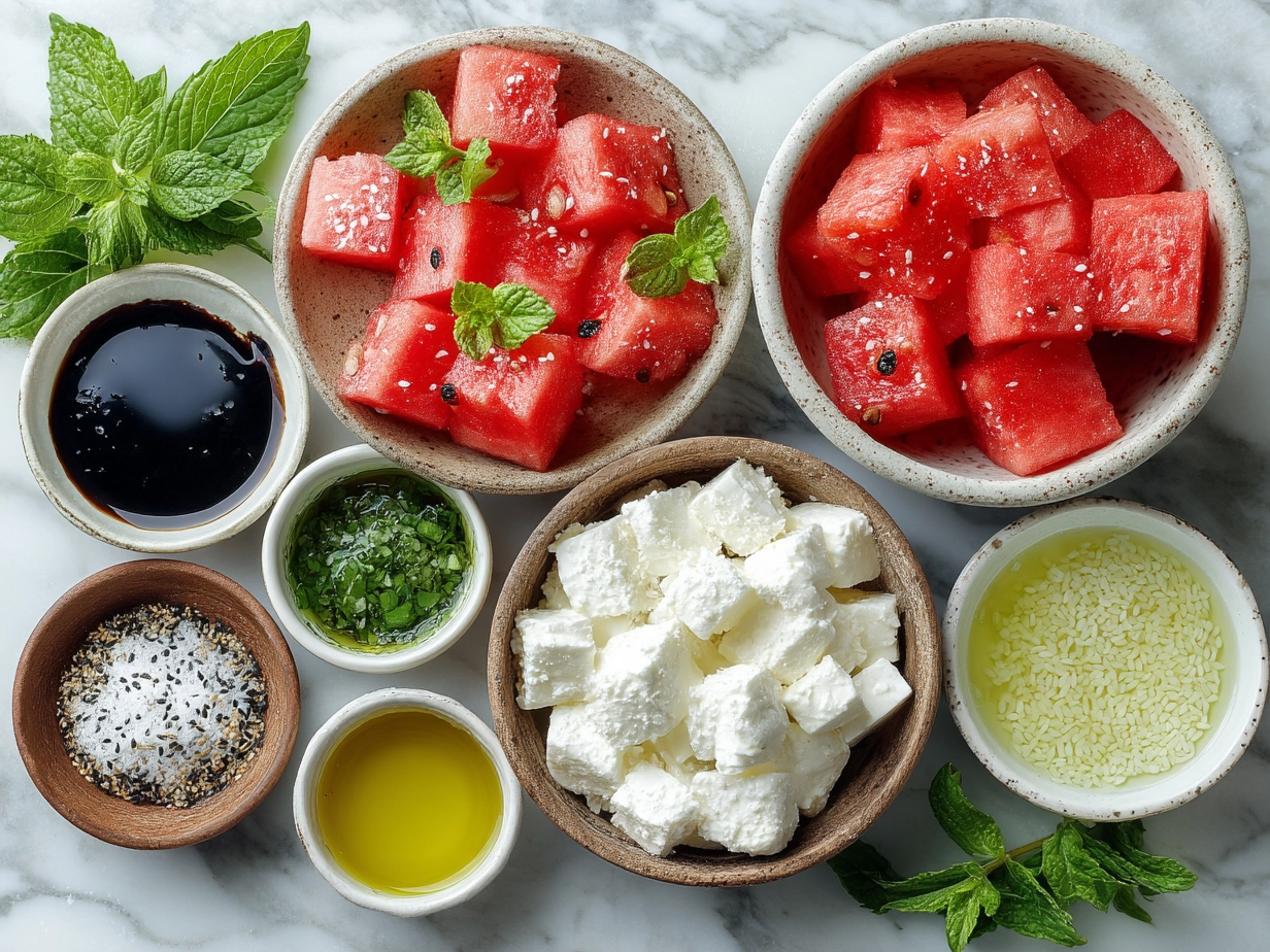Ingredients for Watermelon Burrata Salad including watermelon cubes, burrata cheese, basil, olive oil, balsamic vinegar, nuts, and seasonings