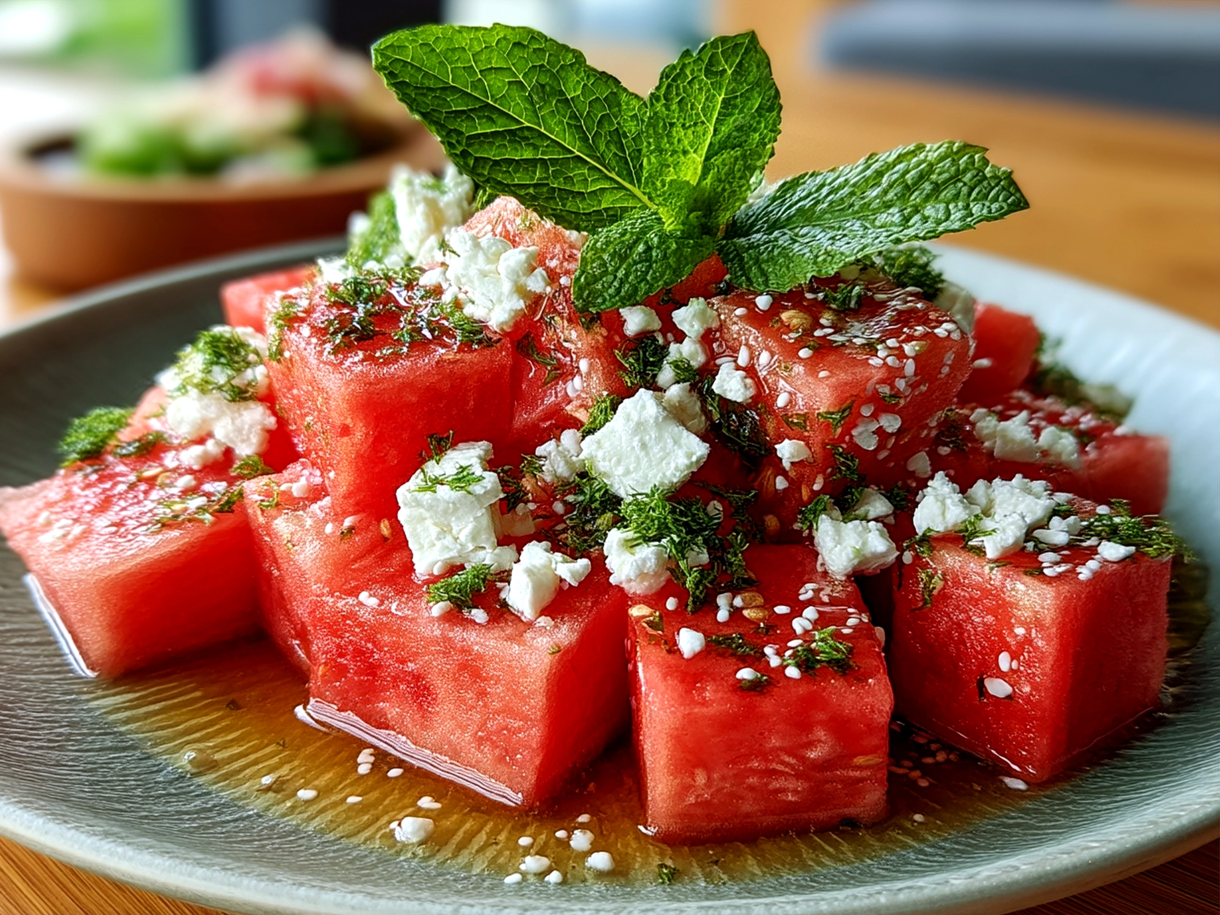 Vibrant watermelon feta salad served in a colorful rustic bowl with mint and onions